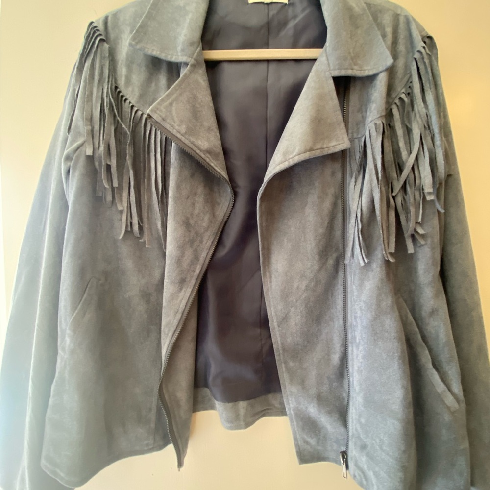 Fringe Suede Jacket - light blue